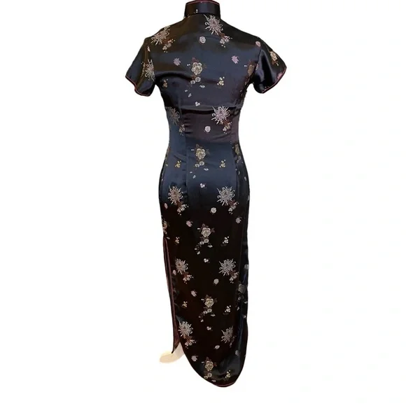 Vintage 90s SOLZ Squirrel Black Floral Satin Cheongsam Maxi Dress Size 34 Small